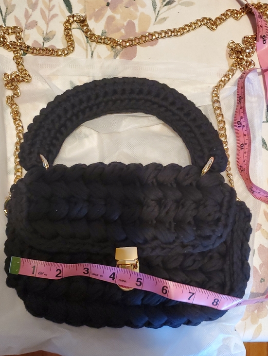 Handbags - Black Crochet Knit Handbag with Gold Chain Accent